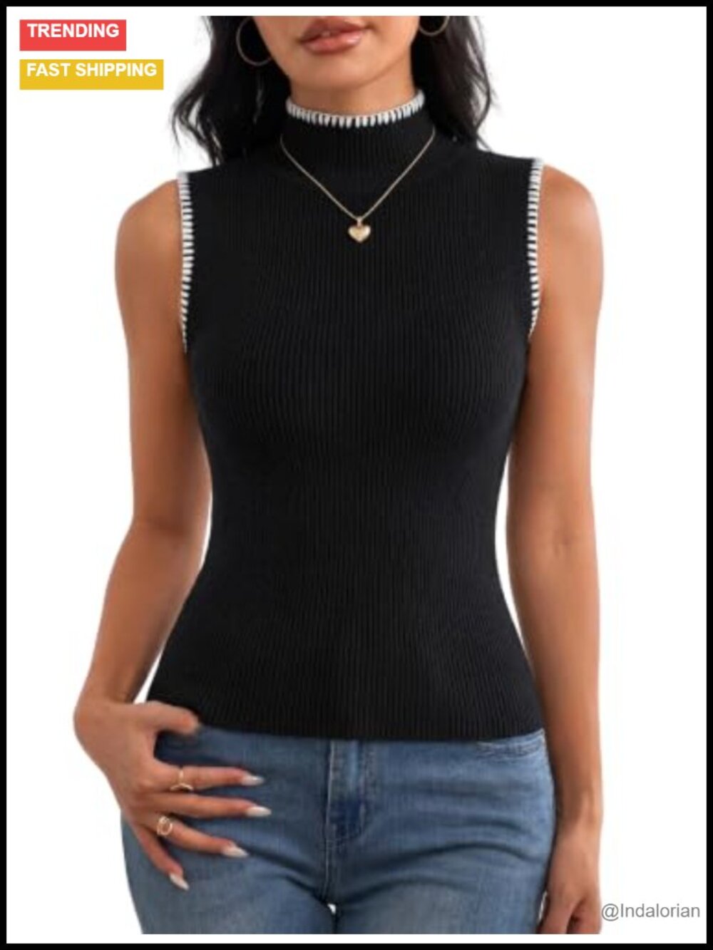 Sleeveless Turtleneck Sweater Vest Slim Fitted Knit Top Layering Stretchy